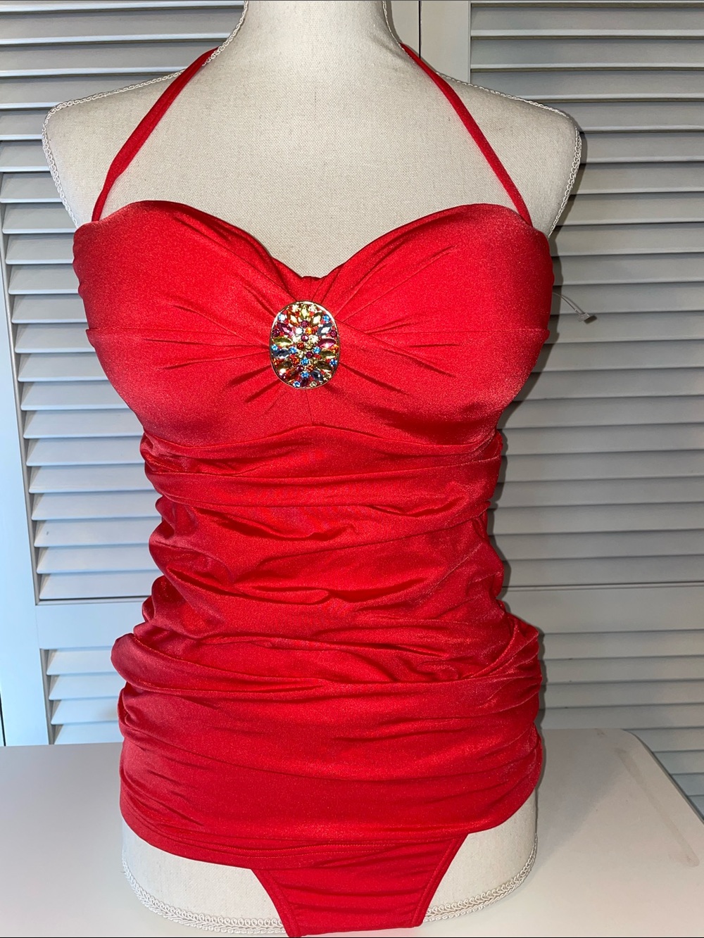 NWT - Sapph Beach 2 Piece Tankini Set Halter Ruched with Jewel Accent